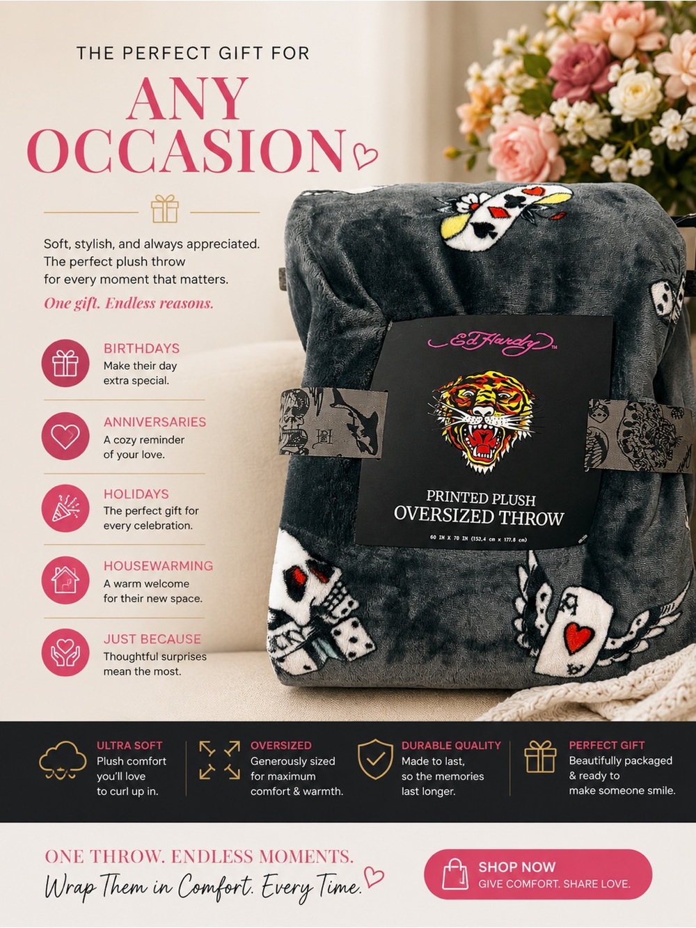 Ed Hardy Gray Plush Printed Oversized Throw Blanket